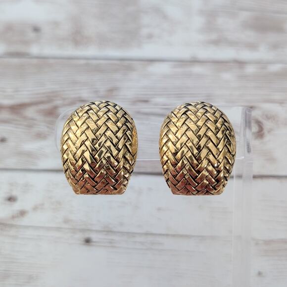 Vintage Paquette Clip On Earrings Gold Tone Herringbone Design Statement - Picture 1 of 10
